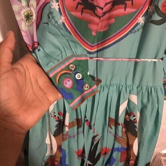 Green Colorful Art Long Balloon Sleeve Collar Button Down Midi Shirt Dress XL - Picture 12 of 16